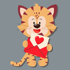 Tiger holds an open letter with a heart. Day of love. valentine's day. A greeting card with a declaration of love. A flat vector image on a gray background.