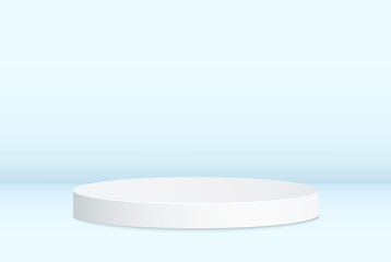 Stage podium on a light studio background. Realistic clean circle, pedestal, pillar, pedestal. Empty stage stand for vector prize with projector for advertising design.
