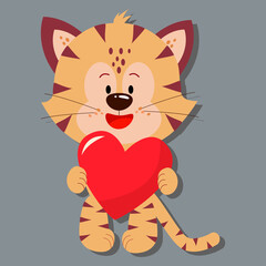 A cute tiger holds a heart in its paws. Day of love. valentine's day. A greeting card with a declaration of love. A flat vector image on a gray background.