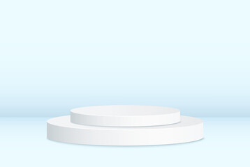 Stage podium on a light studio background. Realistic clean circle, pedestal, pillar, pedestal. Empty stage stand for vector prize with projector for advertising design.