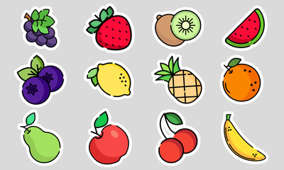 Set of simple and linear stickers, stickers, icons with fruits and berries