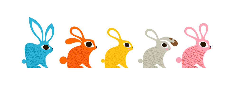 Easter rabbit animal color retro folk cartoon set