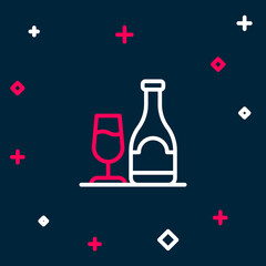 Line Wine bottle with glass icon isolated on blue background. Colorful outline concept. Vector