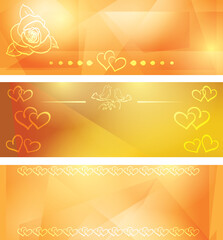 decorative banners for valentine day - vector set of yellow backgrounds with hearts