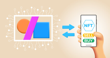 NFT Art Sale concept. 3d hand with phone with two buttons on screen. Crypto Art Monetization Composition.