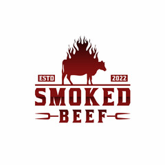 Smoke Grilled Beef Cow Angus, Burning angus silhouette, Cow with Fire Flame Vintage Logo design