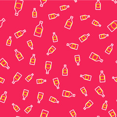 Line Beer bottle icon isolated seamless pattern on red background. Vector