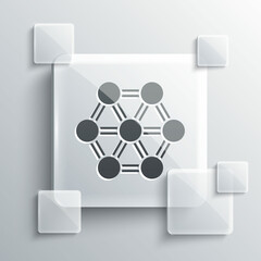 Grey Molecule icon isolated on grey background. Structure of molecules in chemistry, science teachers innovative educational poster. Square glass panels. Vector