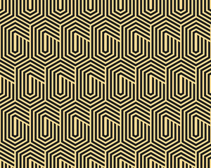 Motif géométrique abstrait avec des rayures, des lignes. Fond vectorielle continue. Ornement doré et noir. Conception graphique en treillis simple
