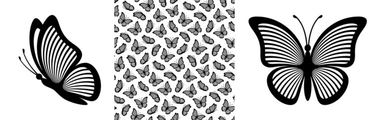 Outlines of butterflies with striped wings and seamless pattern