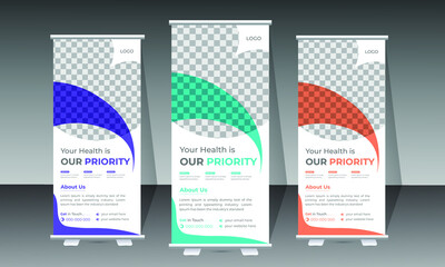 2022 Roll-Up Banner Design Template for Medical and Healthcare with three different gradient colors. Vertical, roll-up template, banner stand, or flag design