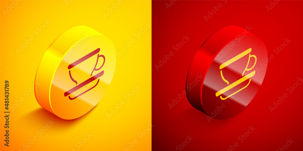 Canvas Prints Isometric Coffee cup icon isolated on orange and red background. Tea cup. Hot drink coffee. Circle button. Vector