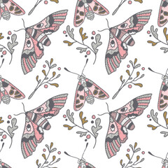 Fototapeta na wymiar Spring vector pattern of butterflies and flowers. Type of pattern and decoration of the back for textiles, covers and packaging.