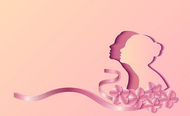 International Women's Day. The style of paper art. Vector illustration of a girl's outline cut out of cardboard with a frame of flowers and satin ribbons.