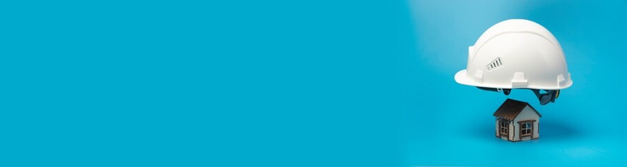 Banner with house insurance concept. Insured house under protection of helmet. Copy space.