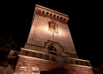 St. Florian's Gate or Florian Gate (Brama Floriańska Kraków) by night. Gothic tower, part of historic fortifications in the Old Town of Krakow, Poland. - obrazy, fototapety, plakaty