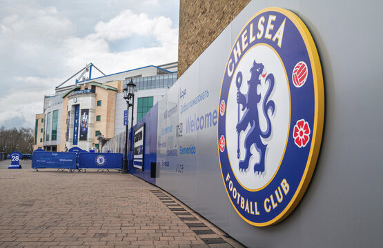 Chelsea Football Club (F.C.) logo or emblem in front of Stamford Bridge (The Bridge) stadium in Fulham district on January 16, 2019 in London, England, United Kingdom.