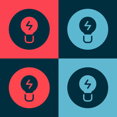 Pop art Light bulb with concept of idea icon isolated on color background. Energy and idea symbol. Inspiration concept. Vector