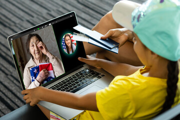 Online party with loved ones from USA. Celebrating video chat. Virtual party via video messenger. Americans new year are video chatting.