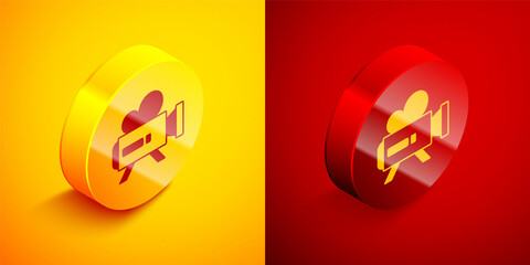 Isometric Retro cinema camera icon isolated on orange and red background. Video camera. Movie sign. Film projector. Circle button. Vector