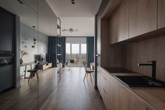 Modern Kitchen Area And Mirror Wall