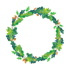 Fototapeta premium Watercolor wreath of oak leaves and acorn. Can be used for wallpaper, texture, printing, cover art, blogs, invitations, weddings, etc