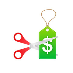 Price cut in flat style on black background. Vector illustration, cartoon character. Editable stroke.