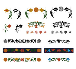 Naklejka premium Ethnic decorative elements. The set of colorful vector design elements for greeting cards, letters, posters. Folk ornaments, vignettes, corners.