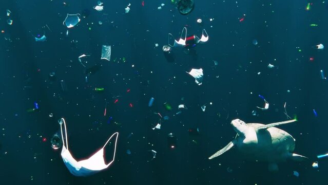 Trash pollution in ocean environmental problem. Sea Turtle swims through discarded rubbish. 3D Illustration