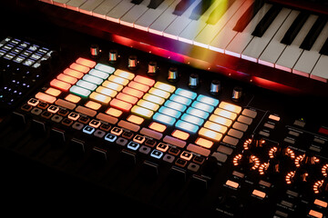 Close-up of professional equipment for mixing music and live performances