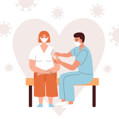 The doctor gives the vaccine to a young woman. Vaccination and health care during the coronavirus pandemic, antiviral medicine. Flat vector illustration
