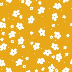Beautiful vintage pattern. White flowers and dots. Yellow background. Floral seamless background. An elegant template for fashionable prints.