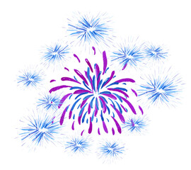 Watercolor Blue and red fireworks isolated on white background, Wedding illustration.