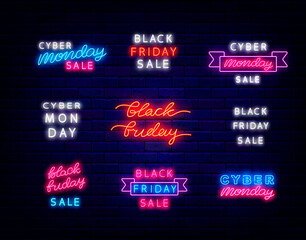 Fototapeta premium Black friday text collection. Cyber monday sale neon label lettering. Luminous logo. Vector stock illustration
