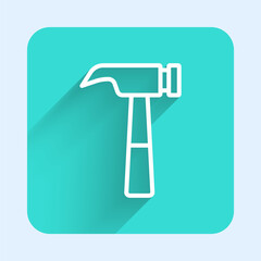 White line Hammer icon isolated with long shadow background. Tool for repair. Green square button. Vector