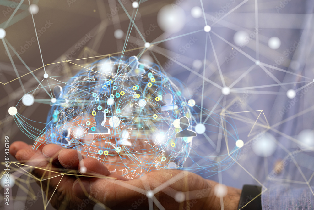 Fototapete Global network. Blockchain. 3D illustration. Neural networks and artificial intelligence. Abstract