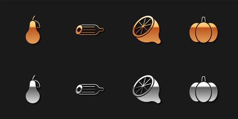 Set Pear, Fresh cucumber, Lemon and Pumpkin icon. Vector