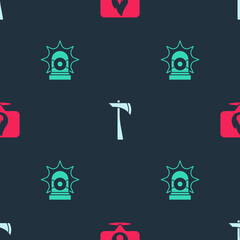Set Location with fire flame, Firefighter axe and Flasher siren on seamless pattern. Vector