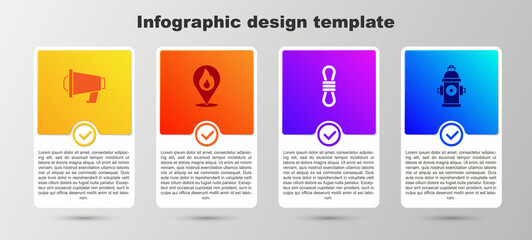 Set Megaphone, Location with fire flame, Climber rope and Fire hydrant. Business infographic template. Vector