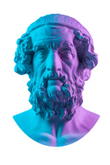 Fototapeta Blue pink gypsum copy of ancient statue Homer head for artists. Plaster antique sculpture of human face. Ancient greek poet and philosopher Homer is the legendary author of the poems Iliad and Odyssey obraz