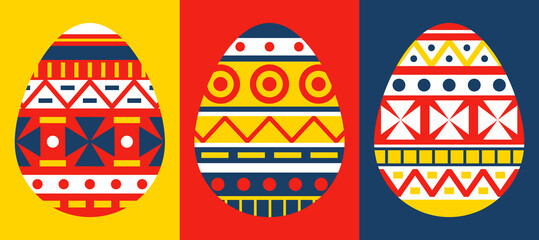 Set of postcards with decorative Easter eggs. Eggs decorated with a simple geometric pattern. Easter cards with a simple design in three colors. Vector illustration.