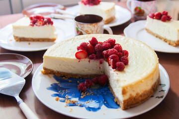 Cheesecake classic american dessert on big plate.