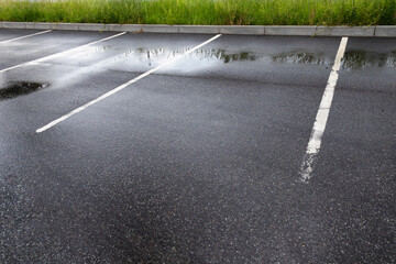 Parking spaces on wet gray asphalt with puddles, white paint markings, green grass lawn
