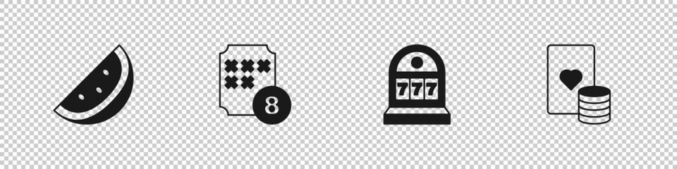 Set Casino slot machine with watermelon, Lottery ball bingo card, Slot jackpot and chip and playing cards icon. Vector