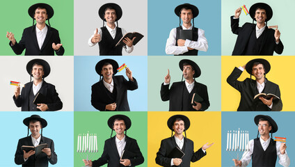 Set of Hasidic Jewish man on color background