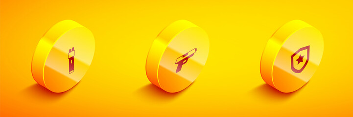 Set Isometric Police electric shocker, Pistol or gun and badge icon. Vector