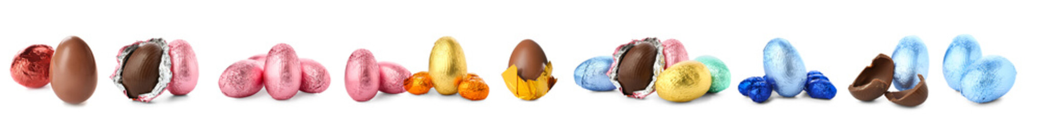 Sweet chocolate Easter eggs on white background