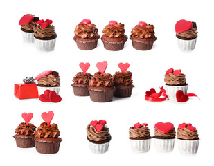 Tasty chocolate cupcakes for Valentine's day on white background