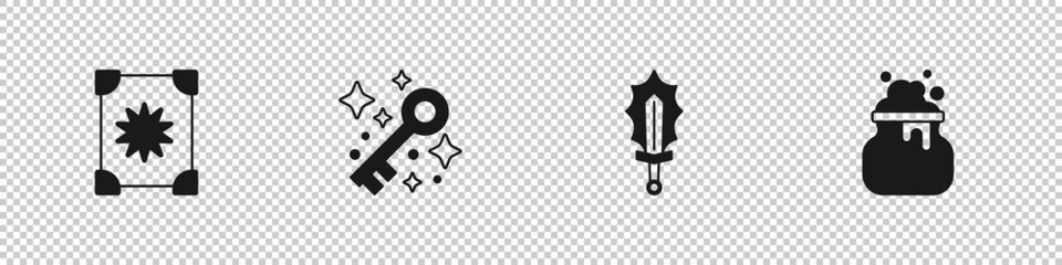 Set Ancient magic book, Old key, Magic sword in fire and Witch cauldron icon. Vector