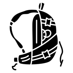 Backpack, hiking bag. Side view, strap around the waist. Backpack of a tourist, traveler, sportsman. Vector icon, glyph, silhouette, isolated
